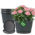 Myfeegoin 10 Inch Planter-Pots-for-Plants-Indoor-Outdoor, 4 Pack Plastic Flower Pots with Saucer & Drainage Holes, Modern Decorative Resin Garden Pots