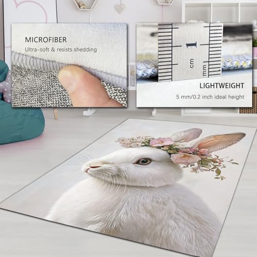 Tapis fin lavable motif bunny printemps blanc antidérapant 80x150 cm