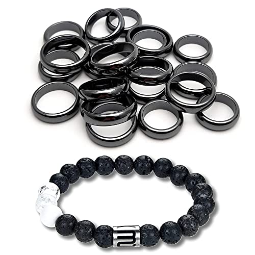 Morchic Hematite Plain Band Rings 20Pcs, Absorb Negative Energy / 7.5" Lava Aromatherapy Bracelet