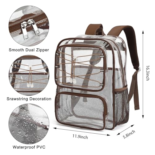 Clear Backpack for Girls Women, Heavy Duty Transparent School Backpacks See Through PVC Bookbag for College Work Security Travel (Coffee)2
