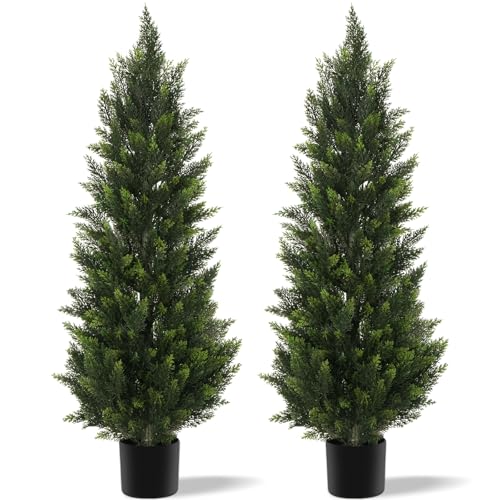 Vitalismo Artificial Topiary Cedar Trees 4ft, Realistic Fake Plants Indoor Outdoor with PE Leaves, Faux Boxwood Evergreen Pine Shrubs for Entrance Patio Garden Home Office Christmas Decor, Set of 2