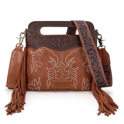 Image of Wrangler Western Handbag for Women Crossbody Bag Top Handle Shoulder Bag Embossed Cowgirl Fringe Purse