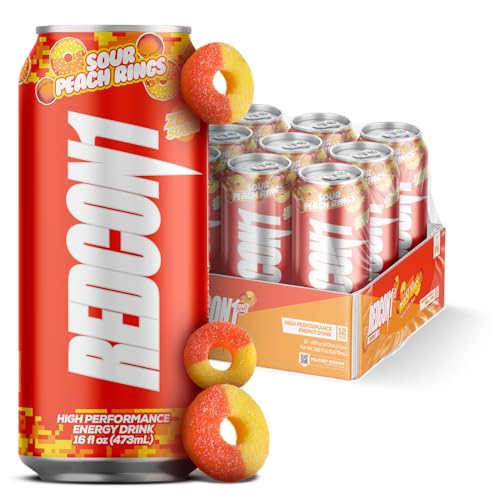 REDCON1 Energy High Performance Drink Sour Peach Rings - Zero Sugar Energy Drink with Alpha GPC Nootropic - 200mg of Natural Caffeine from Green Coffee Beans - Vitamin B6 B12 & B5 to Boost Mood (12 ct)