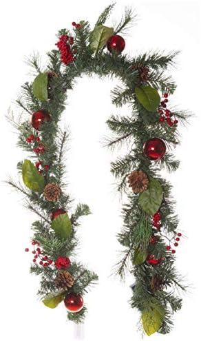 Merrily Garland with Berries, Pine Cones, Lights and Ornaments 6 ft. Long, Green