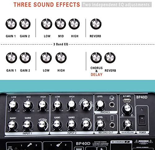 BP40D Amplificador de guitarra acústica Busking Amp - Altavoz Bluetooth portátil de 80 W con batería, efecto de retardo de reverberación de coro, 6 entradas, ecualizador de 3 bandas. - imagen 7