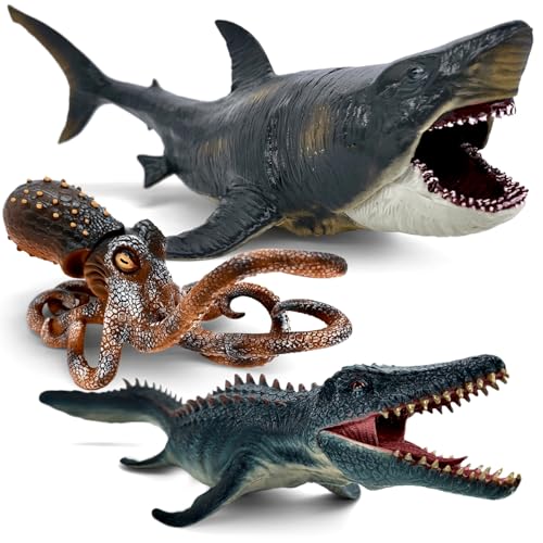 Movable Jaw Ocean Animal Set - 13 Mosasaurus 10.6 Megalodon Shark & 7.8 Octopus Realistic Action Figure Toys for Kids & Collectors (3pc)