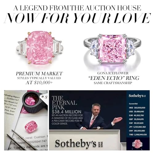 GONA 6CT Pink Diamond Ring for Women, VVS Brilliant Cut 10x10MM Three Stone Ice Gemstone, Tarnish-Resistant Silver Setting Elegant Engagement, Anniversary, Wedding and Promise Jewelry Gift2