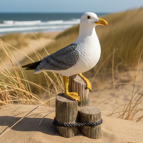 Maritime XXL Deko-Möwe auf Holzpfosten - Wetterfeste Gartenfigur (32,7 cm)