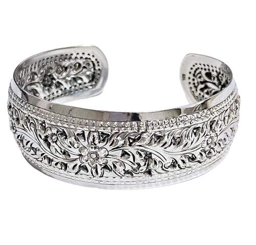 TreasureBay Brazalete de Plata de Ley 925 para Mujer | Pulsera Ancha con Diseño Floral | Brazalete Ajustable de Plata Hecho a Mano | Regalo para Ella