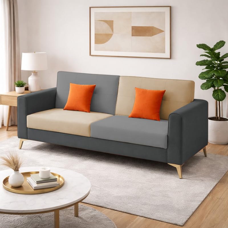 Adorn India Premium Harlem 3 Seater Sofa | Velvet Suede Upholstery | 3-Year Warranty | Dark Grey, Gey & Beige with Gold Legs & Cushion-image-23