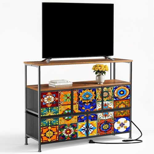 5 Drawers Modern Tv Stands for Living Room Tv Stand with Storage Tall Dresser for Bedroom Closet Mexican Talavera Floral Motifs Geometric Patterns Boho Dressers & Chests of Drawers