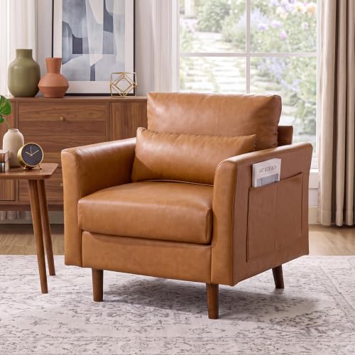 Image of Kingfun Faux Leather Armchair Sofa with Side Pocket,Mid Brown