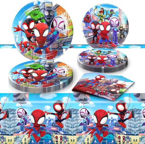 For spidey Birthday Decorations 41pcs 20 Plates 20 Napkins and 1 Tablecover for Spi Birthday Party Supplies Decorations