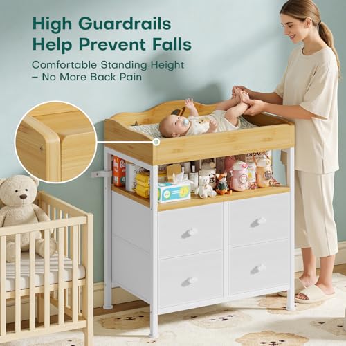 Image of POKIPO Bamboo Changing Table Dresser with Sturdy Metal Frame, 4 Fabric Drawers, 3-in-1 Baby Dresser with Changing Table Top, Diaper Changing Station and Storage Organizer for Modern Nursery