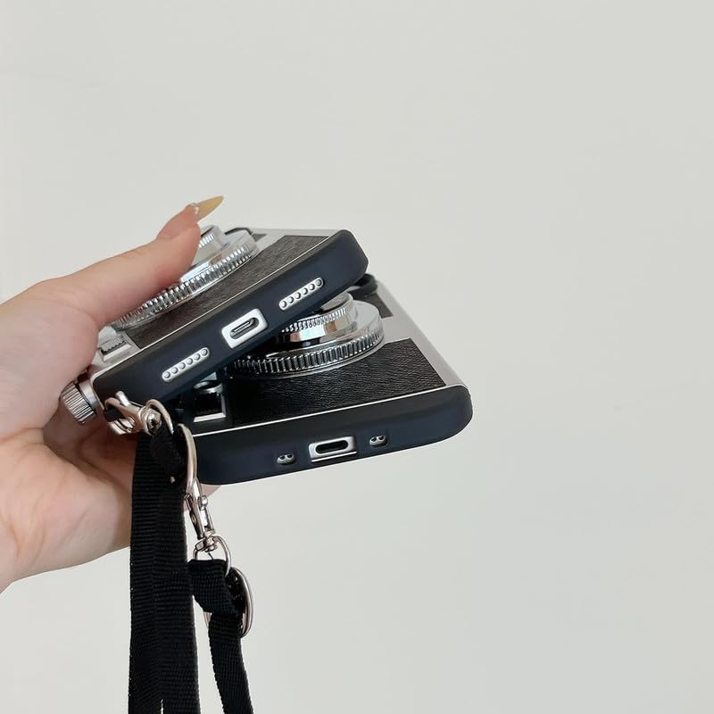 Image of ZS Phone Case for iPhone 17, | Black Camera Case Vintage Cover Cute 3D Cool Unique Design Plastic Case with Removable Neck Strap Lanyard for Girls & Boys, with Free Tempered Glass