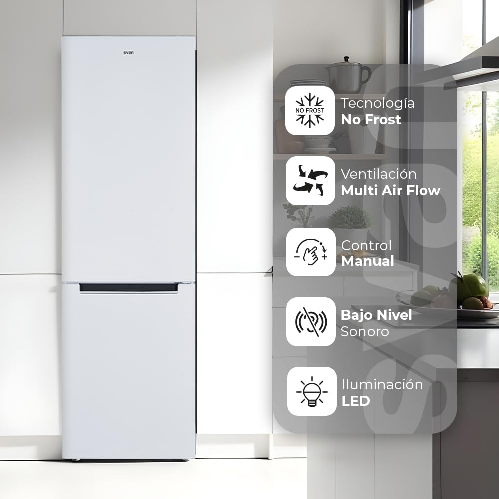 Svan Frigorífico Combi 2 Puertas Blanco SC185602ENF. Capacidad 293 Litros, No Frost, Multi AirFlow, Puerta Reversible, Bajo Nivel Sonoro, Eficiencia Energética Clase E
