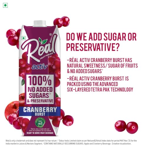 Image of Real Activ Cranberry Juice 1L | No Added Sugar, Colors or Preservatives | Rich in Antioxidants & Vitamin C | Refreshing Tangy Fruit Drink | Healthy Beverage for Daily Hydration