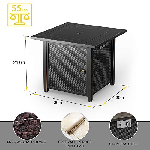 BLUBERY 30\'\' Propane Fire Pit, 50,000BTU Auto-Ignition with Pulse Switch Gas Fire Pit with Cover, Safety Switch, Solid Striped Steel Surface, Laval Rock, Waterproof Bag, ETL CERT