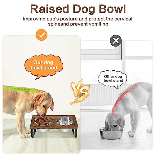 KEVIDEAWL Elevated Dog Bowls for Small Medium Dogs, Wood Raised Dog Bowl Stand with 2 Stainless Steel Deep Bowls, Dog Food and Water Bowls, Anti Vomit, Non-Slip Dogs Feeding Dishes