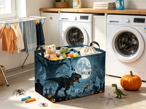 Image of Sanjiaofeng Rectangular Dinosaur Halloween Baskets,Waterproof Foldable Dinosaurs Basket with Handles,Nursery Hamper,Home Organizer,Books Box,Gift Baskets(Misty Dinosaur)