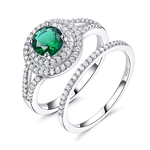 Bague argent femme mariage émeraude : lot 2 bagues halo scintillant KnSam