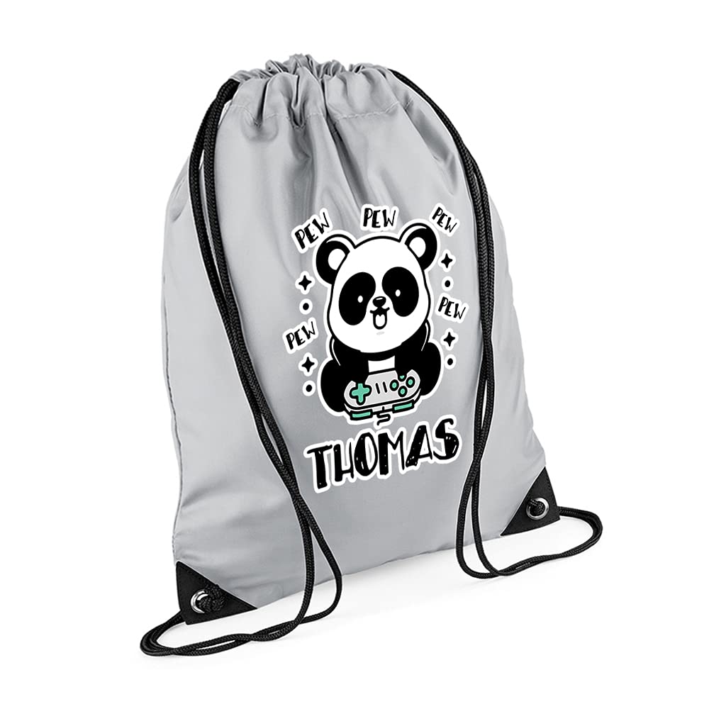 Personalised Gaming Enthusiast Panda Pew ANY NAME Gaming Pro PC Gamer Console Gamer Birthday Drawstring Bag, PE Gym Kit, Swimming Rucksack. (Light Grey)