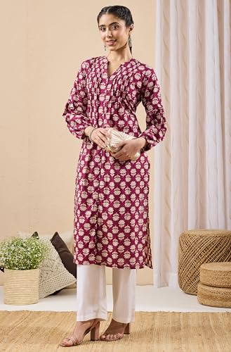 Image of Janasya Women's Pure Cotton Floral Printed A-line Kurta