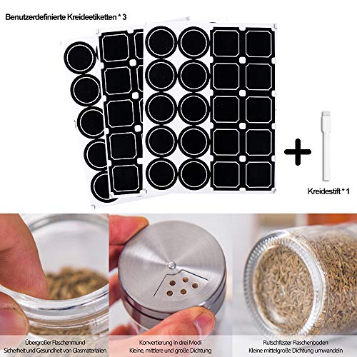 Foto von MEckily 12 Gewürzgläser I Gewürzshaker Set aus Edelstahl 120ml I mit Sichtfenster Bewässerungsregulierung mit 3 Fächern Gewürzgläser Transparentes Etikett