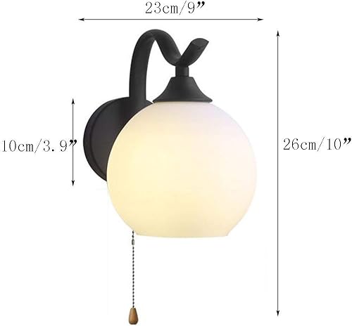 Miniatura 2 de Lámpara de pared con cadena de tracción E27, estilo retro, para dormitorio, mesita de noche, apliques de pared de metal y vidrio esmerilado blanco,