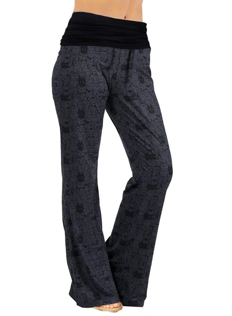 Gracyoga Women's Comfy Pajama Pants Wide Leg Lounge Palazzo Yoga Pants Stretch Casual Floral Print Fold Waist Pants - Blackcat - Large