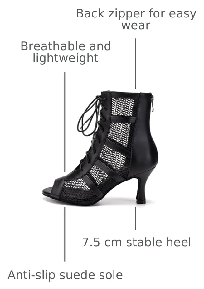 Image of AOQUNFS Women Ballroom Dance Shoes Lace-up Open Toe Ankle Boots Salsa Latin Dance Heels