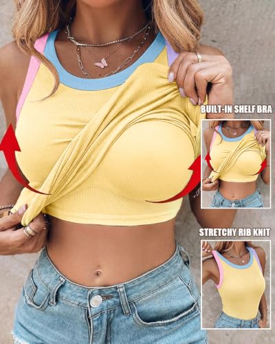 Image of CHICME Womens Sleeveless Ribbed Built in Bra Tank Tops | Color-Block, Crewneck Padded Racerback Shirts, Slim Fit, High Stretch Fabric, Casual Basic Tank for Going Out & Layering