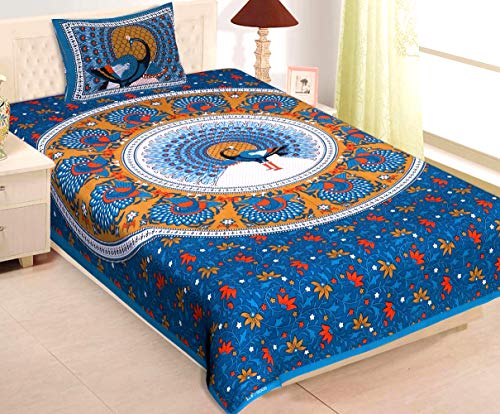 Image of RajasthaniKart Pure Cotton 144 TC Single Size Bed Sheet with 1 Pillow Cover - Bedsheet for Single Bed (Green More, Single Bedsheets Cotton,211)