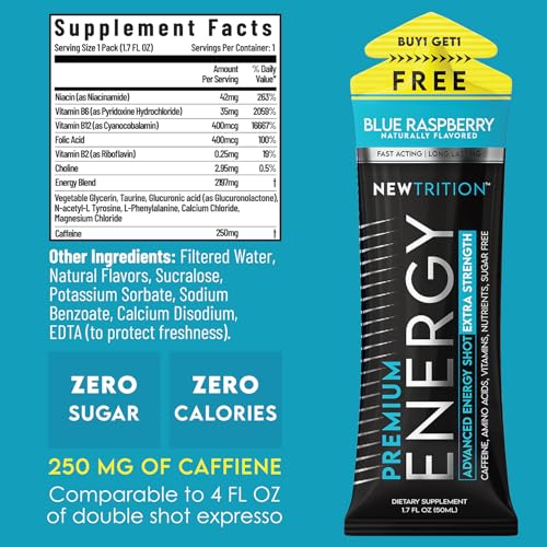 NewTrition® Extra Strength Energy Shots, 1.7 fl oz - 250mg Caffeine with Vitamin B & Amino Acids, Sugar-Free, Zero Calorie Vitamin Energy Drink for Focus & Endurance (Pack of 12, Blue Raspberry)