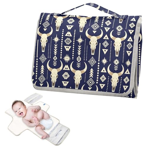 Cambiador reutilizable para niños pequeños con bolsillo de pañuelos Western Country Bull Skull Azteca Pattern_00001_00003 Cambiador portátil para bebé Kit de estación de viaje cambiadores de pa?ales