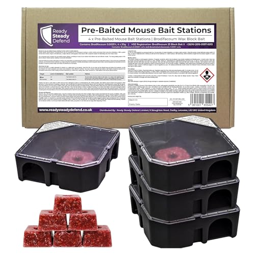 Ready Steady Defend Pre-Baited Mouse Bait Box Station Kit (Pack of 4) Corner-Fitting Rodent Boxes for the Control & Treatment of Mice - Ready-to-Use Secure Safety Kit