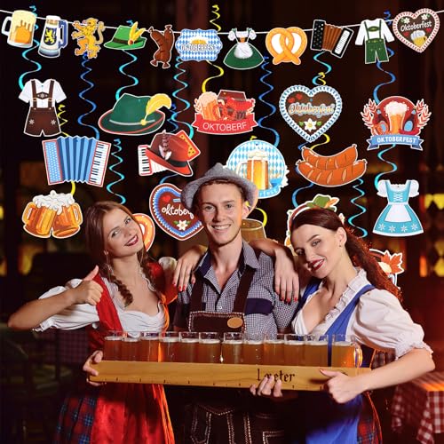 JUNEBRUSHS Oktoberfest Deko Set - 33 Stück Banner, Girlande, Flagge, Deckenhänger für Bayrisch Party