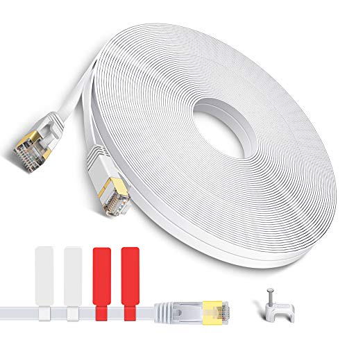 TBMax Cat 7 Ethernet Cable 100 ft - High Speed Shielded LAN Cable with RJ45 Connectors, Clips & Labels - 100 Feet Cat7 Long Flat Network Patch Cord for Router/Xbox/Modem -White