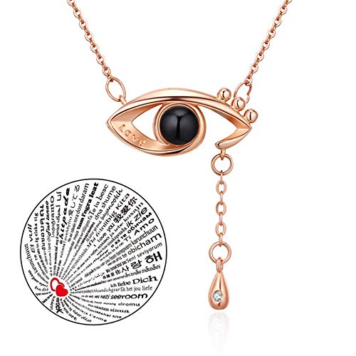 Inf-way I Love You Necklace, 100 Languages Projection on Round Onyx Pendant Loving Memory Collarbone Necklace 1 Pcs (925 Eye Gold)