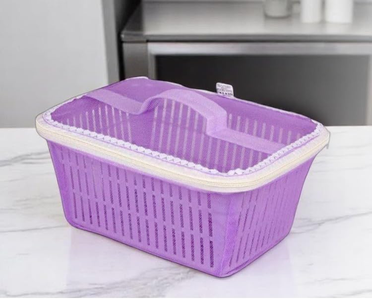 Image of GI9IUS Round Shape Plastic Fruit & Vegetable Basket with Net mesh (Jali) | Vegetables & Fruit Bowl for Dining Table,Kitchen Fruit Storage Basket with Zip Net Cover (PURPLE+PINK)