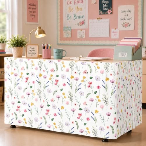 Image of 6FT Wildflower Table Skirt Floral Teacher Desk Skirt Colorful Classroom Table Cover for Back to School Decor Rectangle Tablecloth for Farm Birthday Party Decorations Home Office Bookcase Cabinet