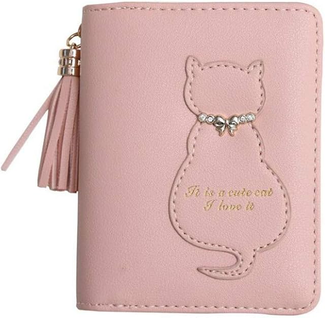 Oyccen Cute Cat Ladies Wallet Tassel Coin Purse with Zipper Pocket Short PU Leather Card Case