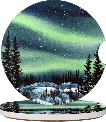 2 Pcs Car Cup Coasters Funny Absorbent Ceramic Car Coasters for Cup Holders with Finger Notch Anti Slip Cork Base 2.56inch Women Men, Green Polar Aurora Forest