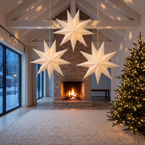 Image of LIOOBO Paper Lanterns 3pcs 9-Pointed Paper Star Lantern Shades for Christmas
