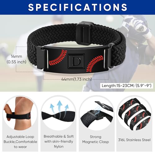 Baseball Initial Bracelets for Men, Adjustable Elastic Stretch Strap - image 4