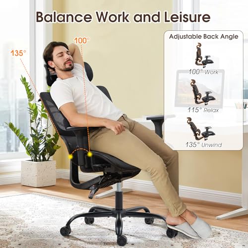 Image of ECOTOUGE Mesh Desk Chair, Ergonomic Office Chair with Lumbar Support, Adjustable Headrest & 3D Armrests, Reclining High Back Chair for Home, Black Gaming Chair for Adults