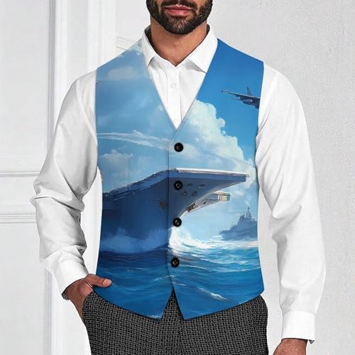 Military USS Ship Fight Jets Suit Vest for Men Slim Fit Tuxedo Waistcoat Button Down V Neck Business Dress Coat4