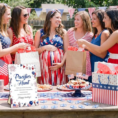 Image of Thyle 51 Pcs 4th of July Pacifier Hunt a Little Firecracker is on The Way Patriotic Baby Shower Games 250th Red White and Blue Hunt Sign and 50 Acrylic Pacifiers for Independence Day Party Decoration