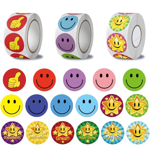 1500 Gommette Smiley Autocollant Sticker, Stickers Récompense Enfants, Autocollants de Récompense pour Enseignants, Rouleau Autocollant Rond pour Parent Enfant Élève Scolaire, Rondes de 2,5 cm