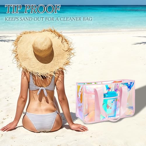 Image of Fammart Iridescent Clear Beach Bags Waterproof Sandproof for Women, Large Jelly Tote Zipper Pool Bag Cruise Essentials 2026